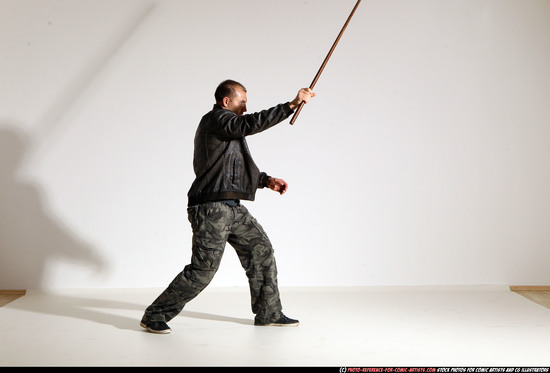 Man Adult Athletic White Fighting with sword Moving poses Casual