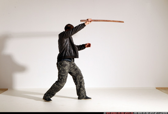 Man Adult Athletic White Fighting with sword Moving poses Casual