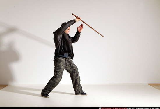 Man Adult Athletic White Fighting with sword Moving poses Casual