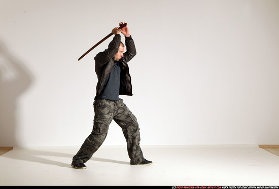 Man Adult Athletic White Fighting with sword Moving poses Casual