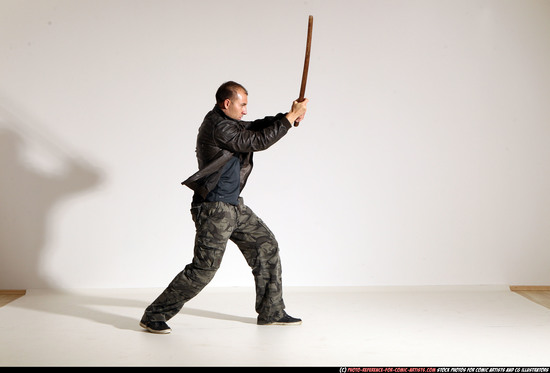 Man Adult Athletic White Fighting with sword Moving poses Casual