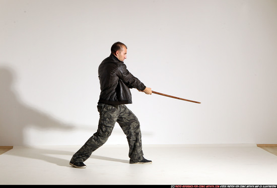 Man Adult Athletic White Fighting with sword Moving poses Casual