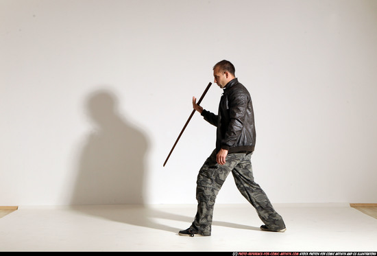 Man Adult Athletic White Fighting with sword Moving poses Casual