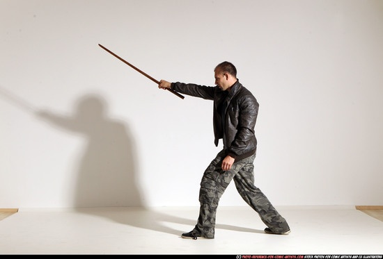 Man Adult Athletic White Fighting with sword Moving poses Casual