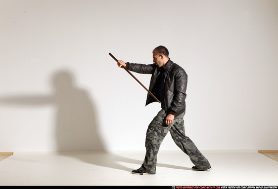 Man Adult Athletic White Fighting with sword Moving poses Casual