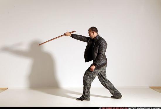 Man Adult Athletic White Fighting with sword Moving poses Casual