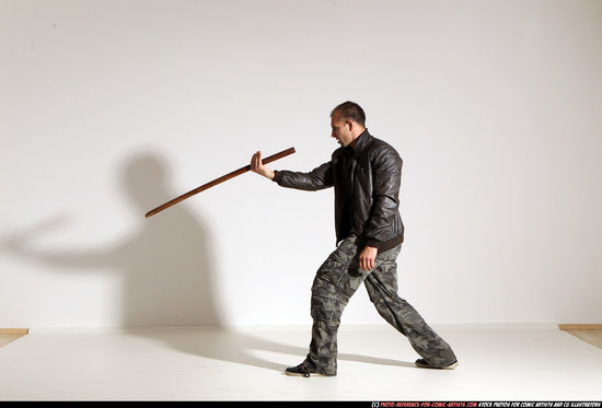 Man Adult Athletic White Fighting with sword Moving poses Casual