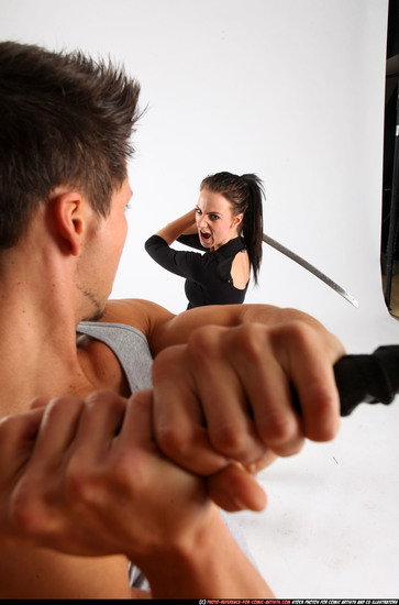 Man & Woman Adult Athletic White Fighting with sword Standing poses Casual