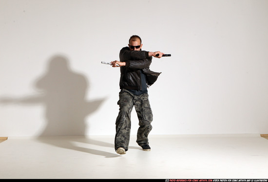 Man Adult Athletic White Fighting with gun Moving poses Jacket