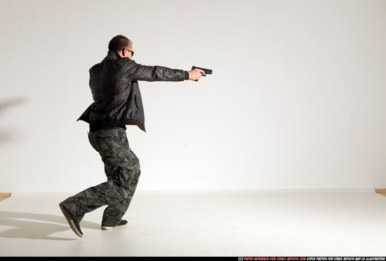 Man Adult Athletic White Fighting with gun Moving poses Jacket