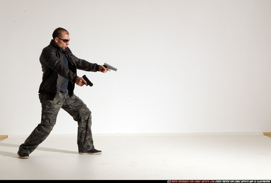 Man Adult Athletic White Fighting with gun Moving poses Jacket