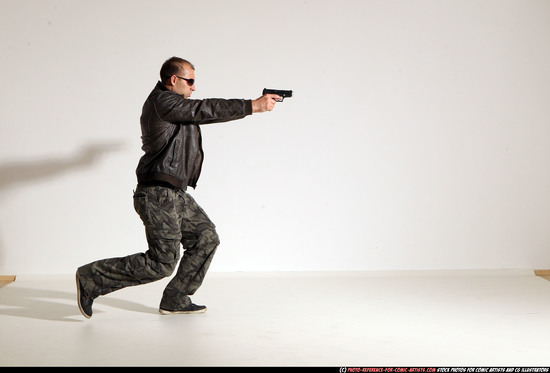 Man Adult Athletic White Fighting with gun Moving poses Jacket