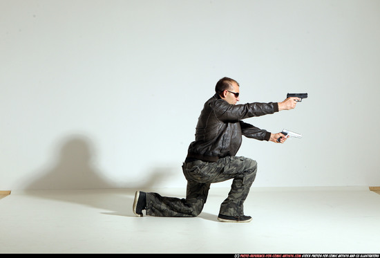 Man Adult Athletic White Fighting with gun Moving poses Jacket