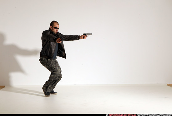 Man Adult Athletic White Fighting with gun Moving poses Jacket