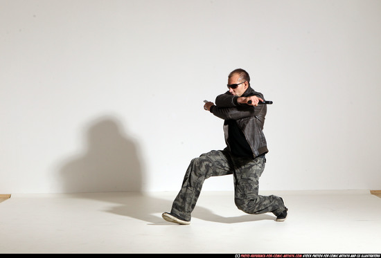 Man Adult Athletic White Fighting with gun Moving poses Jacket