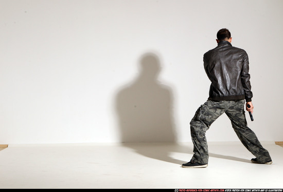 Man Adult Athletic White Fighting with gun Moving poses Jacket