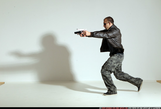 Man Adult Athletic White Fighting with gun Moving poses Jacket