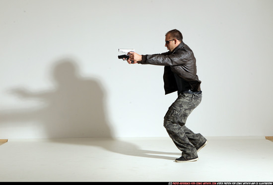 Man Adult Athletic White Fighting with gun Moving poses Jacket