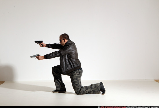 Man Adult Athletic White Fighting with gun Moving poses Jacket