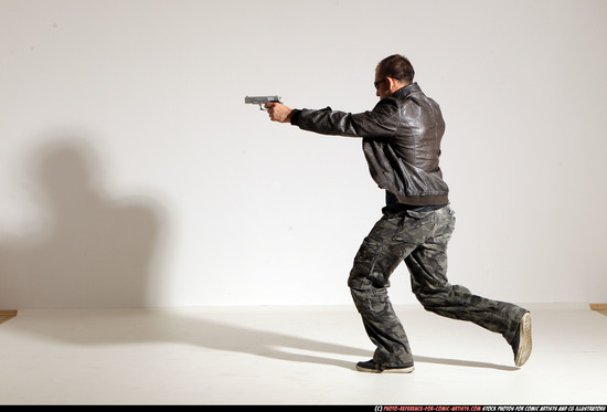 Man Adult Athletic White Fighting with gun Moving poses Jacket