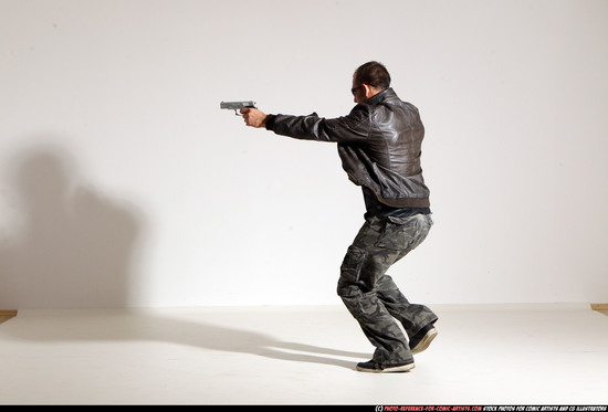 Man Adult Athletic White Fighting with gun Moving poses Jacket