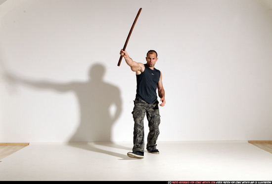 Man Adult Athletic White Fighting with sword Moving poses Casual