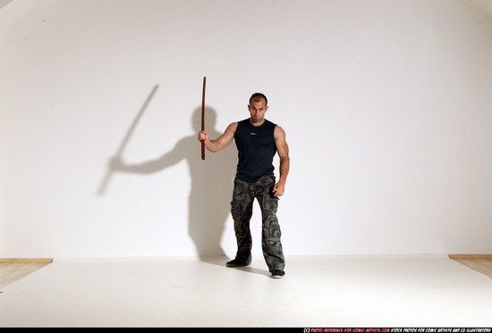 Man Adult Athletic White Fighting with sword Moving poses Casual