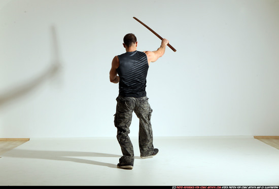 Man Adult Athletic White Fighting with sword Moving poses Casual