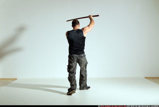 Man Adult Athletic White Fighting with sword Moving poses Casual