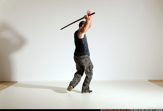 Man Adult Athletic White Fighting with sword Moving poses Casual