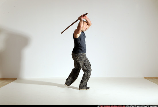 Man Adult Athletic White Fighting with sword Moving poses Casual