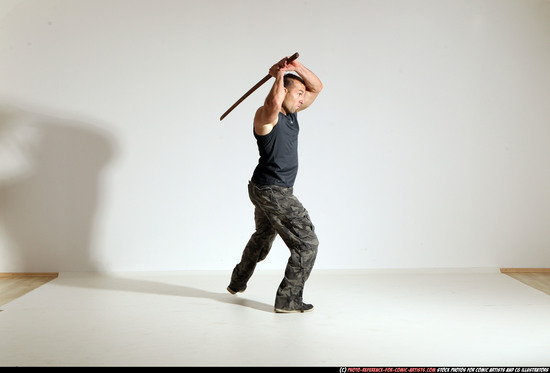 Man Adult Athletic White Fighting with sword Moving poses Casual