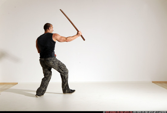 Man Adult Athletic White Fighting with sword Moving poses Casual