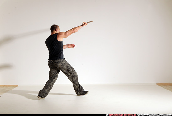 Man Adult Athletic White Fighting with sword Moving poses Casual