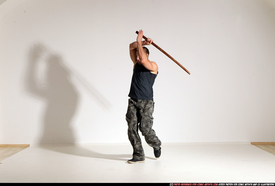 Man Adult Athletic White Fighting with sword Moving poses Casual