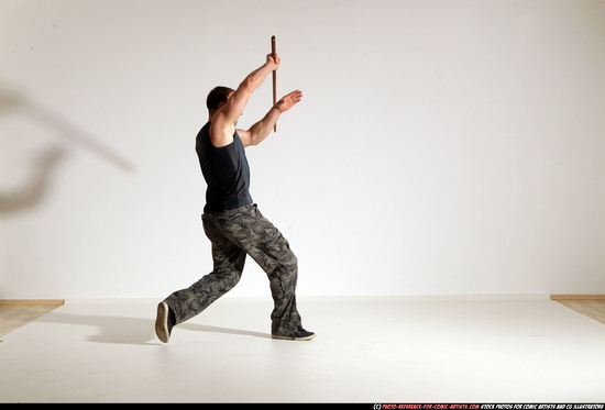 Man Adult Athletic White Fighting with sword Moving poses Casual