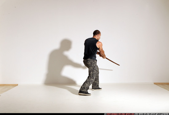 Man Adult Athletic White Fighting with sword Moving poses Casual