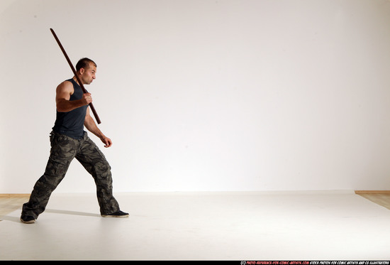 Man Adult Athletic White Fighting with sword Moving poses Casual