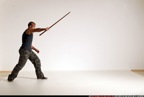 Man Adult Athletic White Fighting with sword Moving poses Casual