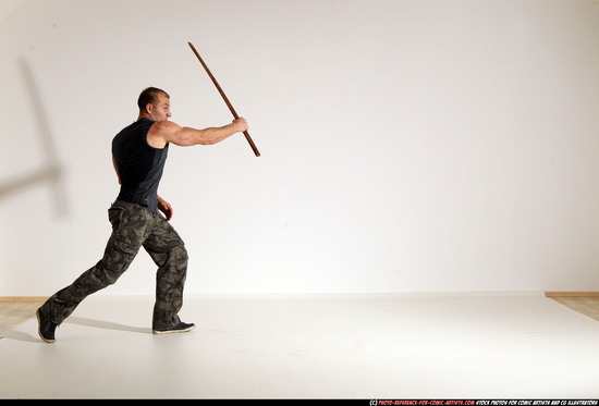 Man Adult Athletic White Fighting with sword Moving poses Casual