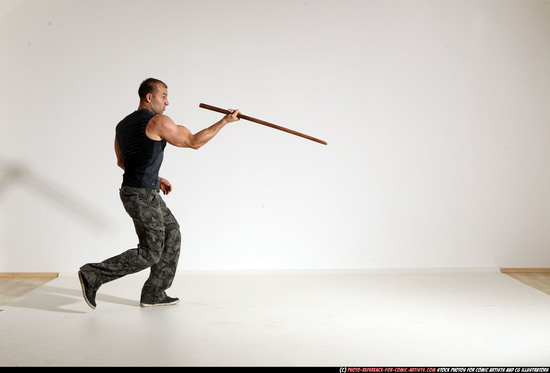 Man Adult Athletic White Fighting with sword Moving poses Casual