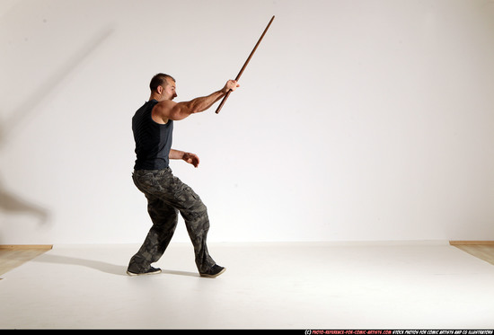 Man Adult Athletic White Fighting with sword Moving poses Casual