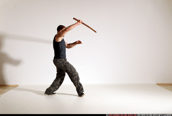 Man Adult Athletic White Fighting with sword Moving poses Casual