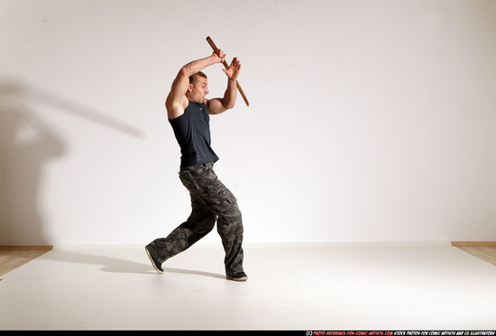 Man Adult Athletic White Fighting with sword Moving poses Casual