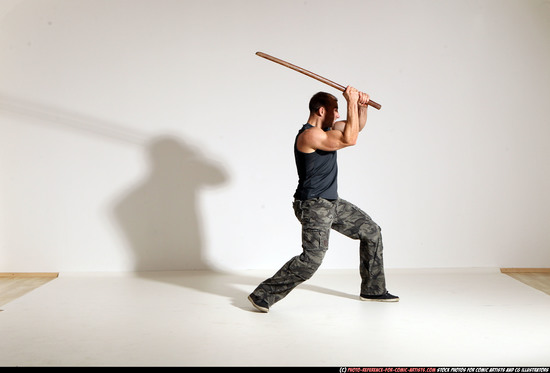 Man Adult Athletic White Fighting with sword Moving poses Casual