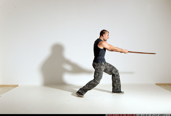 Man Adult Athletic White Fighting with sword Moving poses Casual