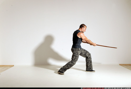 Man Adult Athletic White Fighting with sword Moving poses Casual