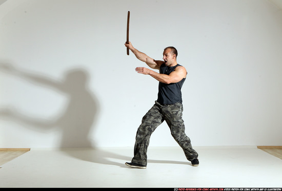 Man Adult Athletic White Fighting with sword Moving poses Casual