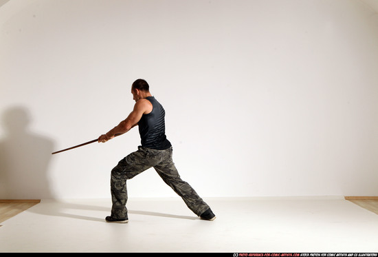 Man Adult Athletic White Fighting with sword Moving poses Casual