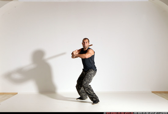 Man Adult Athletic White Fighting with sword Moving poses Casual